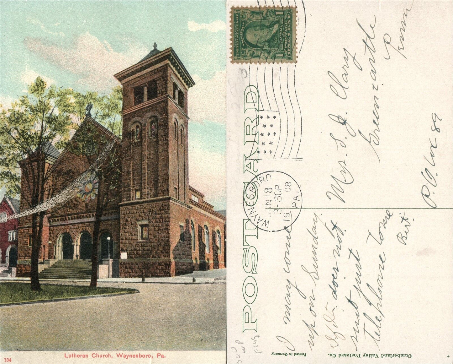 WAYNESBORO PA LUTHERAN CHURCH 1908 ANTIQUE POSTCARD