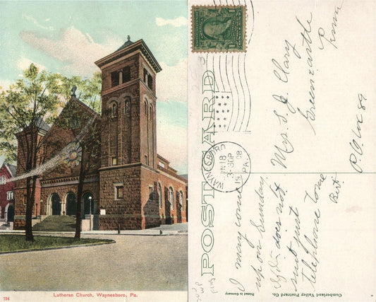 WAYNESBORO PA LUTHERAN CHURCH 1908 ANTIQUE POSTCARD