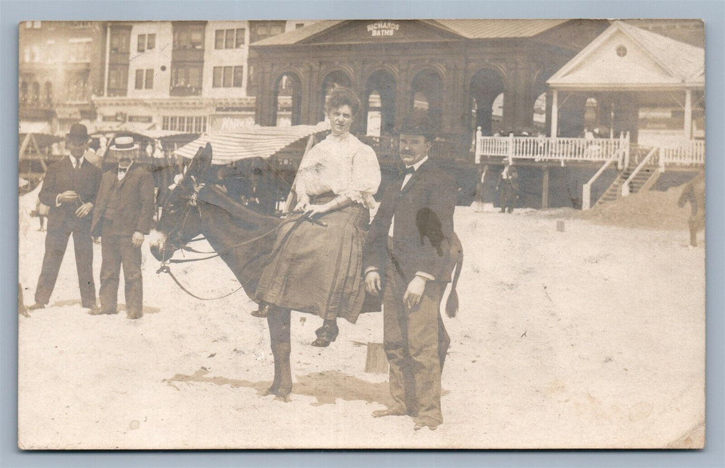 ATLANTIC CITY NJ BEACH SCENE w/ DONKEY ANTIQUE REAL PHOTO POSTCARD RPPC