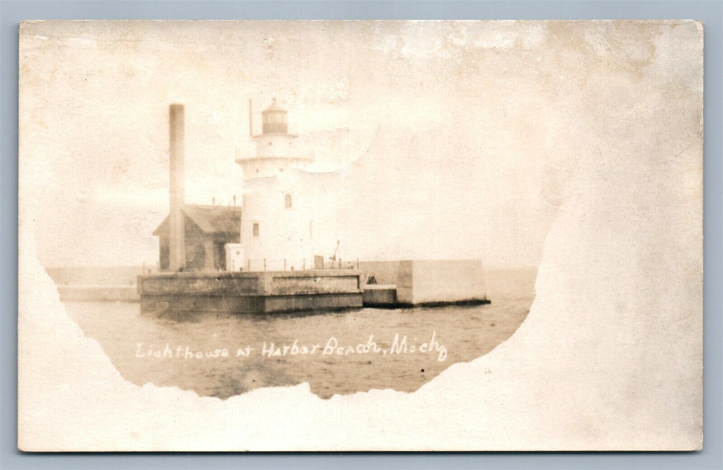 HARBOR BEACH MI LIGHT HOUSE ANTIQUE REAL PHOTO POSTCARD RPPC