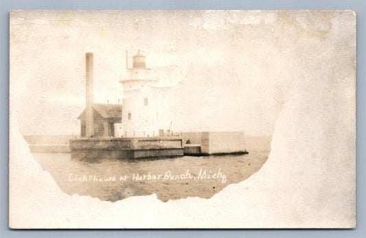 HARBOR BEACH MI LIGHT HOUSE ANTIQUE REAL PHOTO POSTCARD RPPC