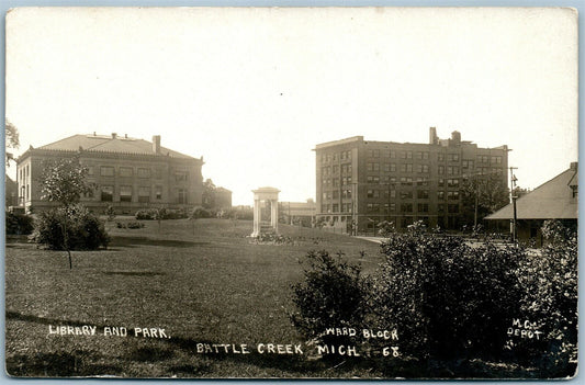 BATTLE CREEK MI LIBRARY & PARK ANTIQUE REAL PHOTO POSTCARD RPPC