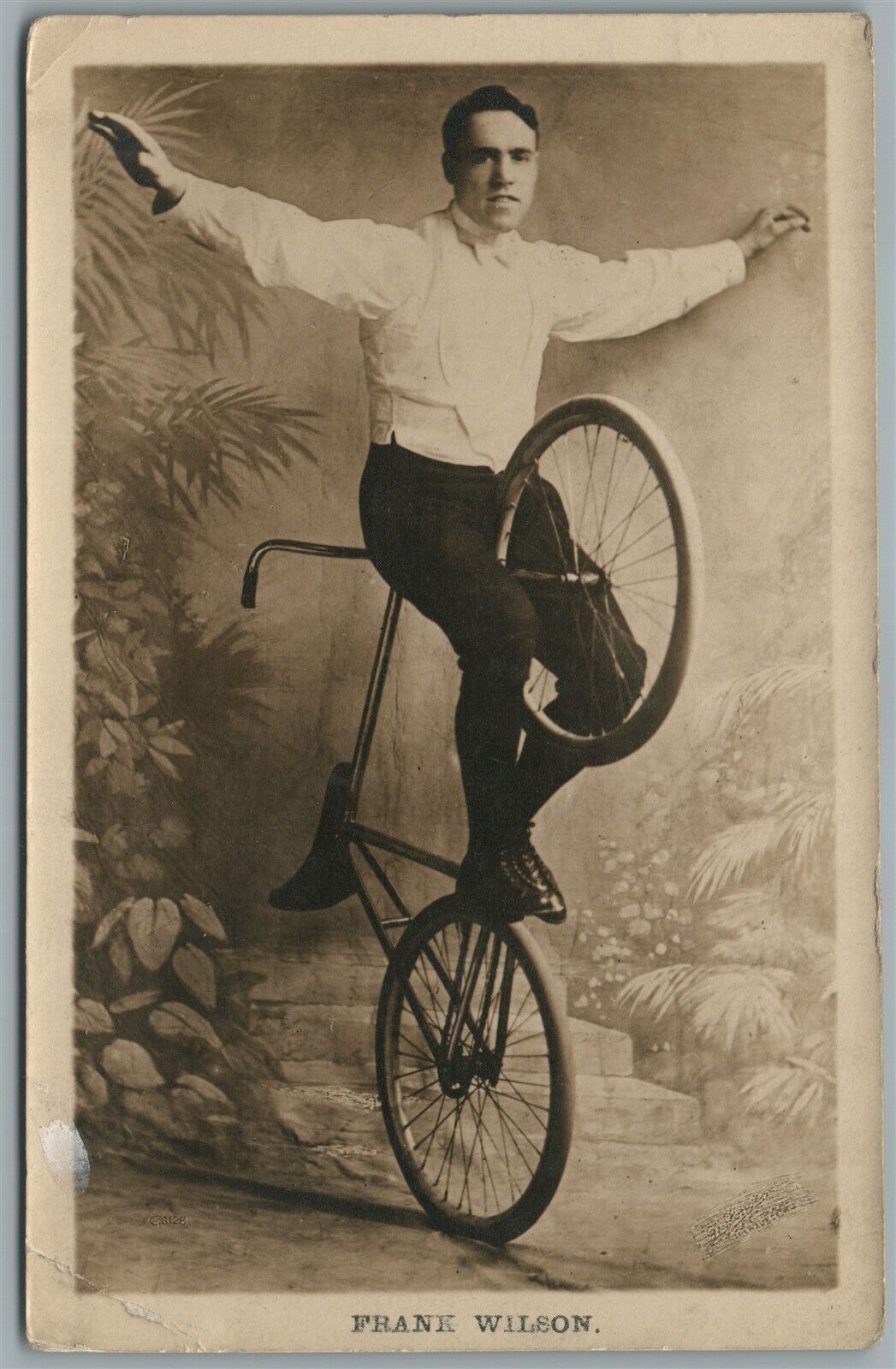 BICYCLE CIRCUS FRANK WILSON CYCLIST ANTIQUE REAL PHOTO POSTCARD RPPC