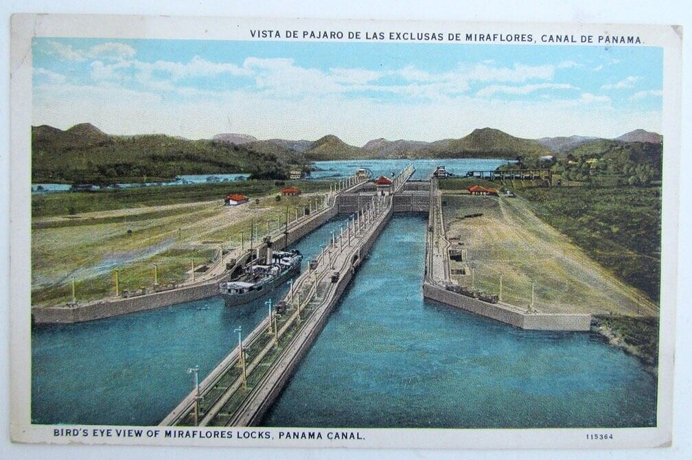 VINTAGE POSTCARD - BIRD'S VIEW OF MIRAFLORES LOCKS PANAMA CANAL ship