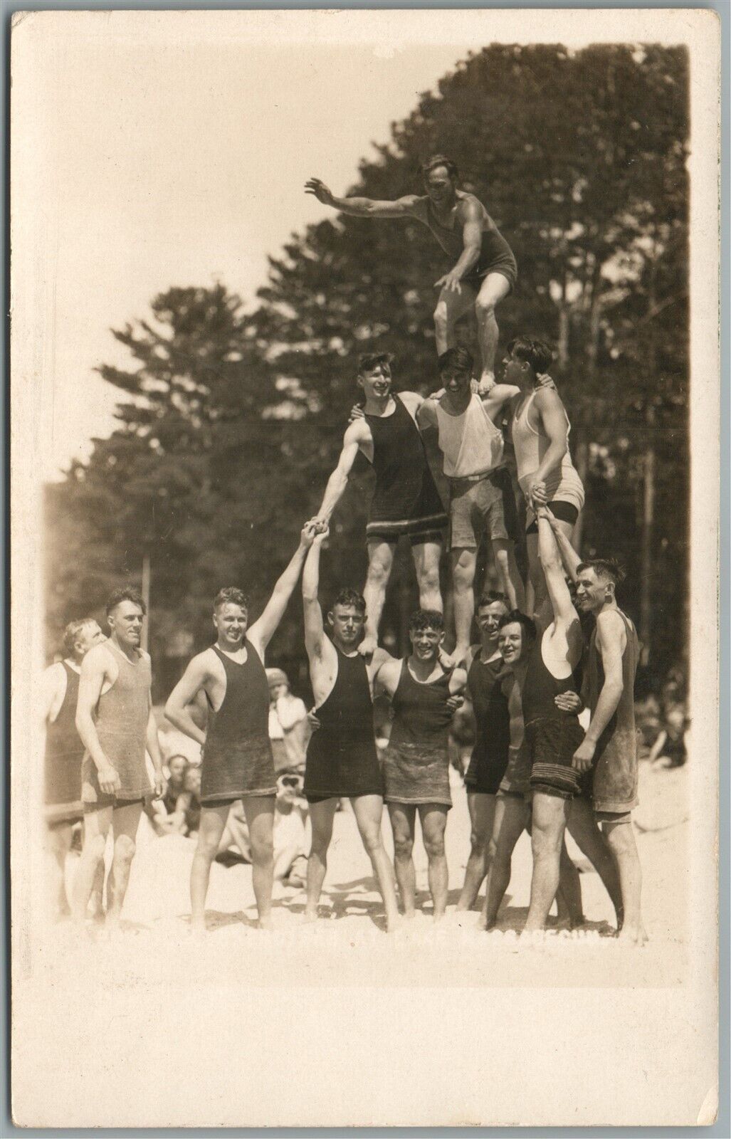 ATHLETIC GAME ON THE BEACH ANTIQUE REAL PHOTO POSTCARD RPPC