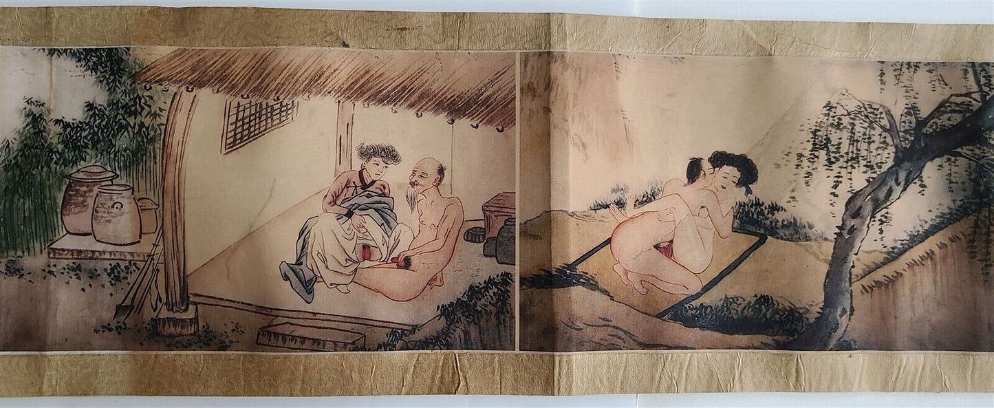 1920s CHINESE EROTIC SCROLL HAND PAINTED vintage SHUNGA 10 by 133"