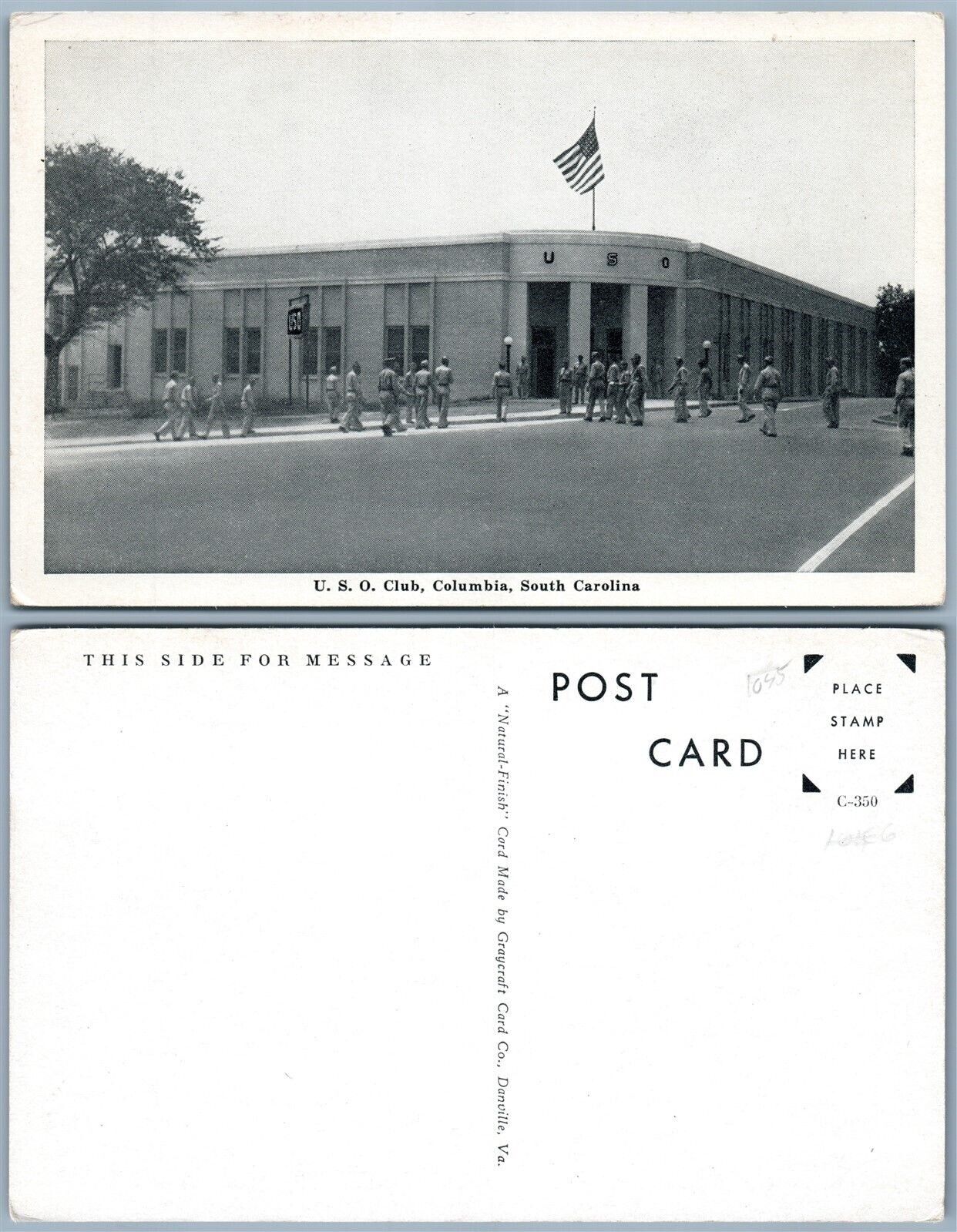 COLUMBIA S.C. U.S.O. CLUB w/ AMERICAN FLAG ANTIQUE POSTCARD