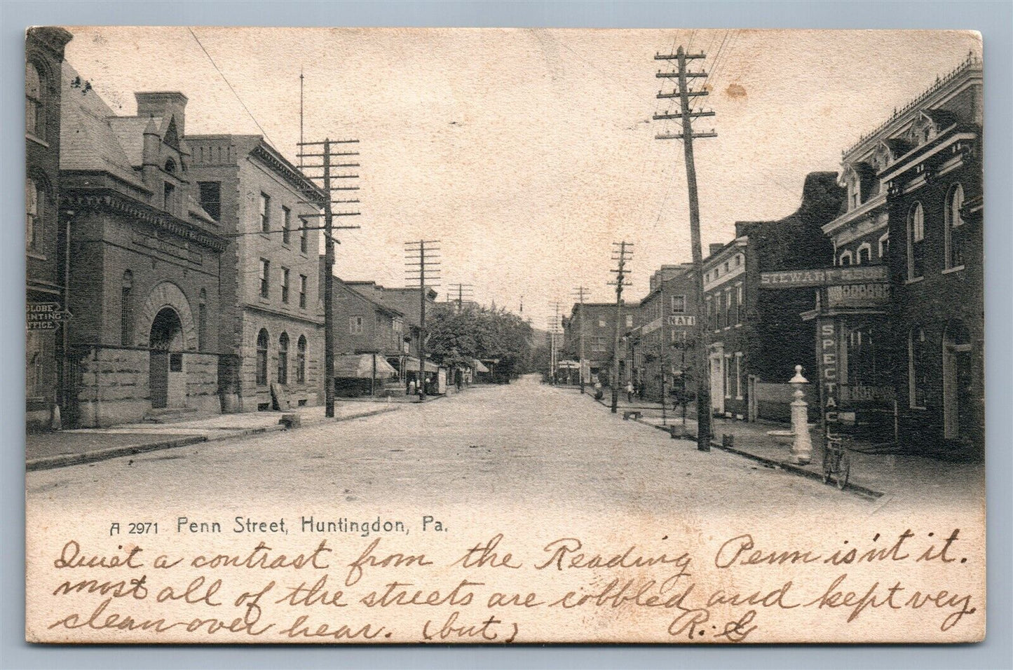 HINTINGDON PA PENN STREET ANTIQUE POSTCARD w/ CORK CANCEL