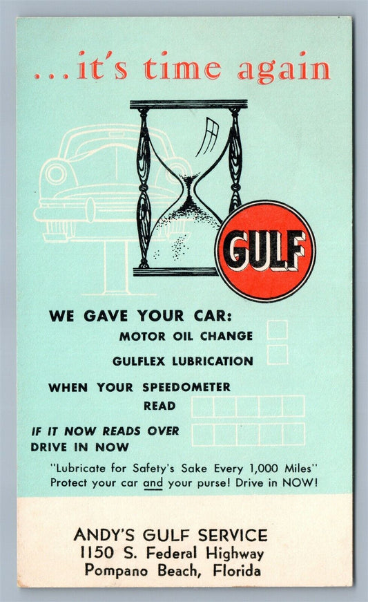 POMPANO BEACH FL ANDY'S GULF SERVICE motor oil ADVERTISING VINTAGE POSTCARD