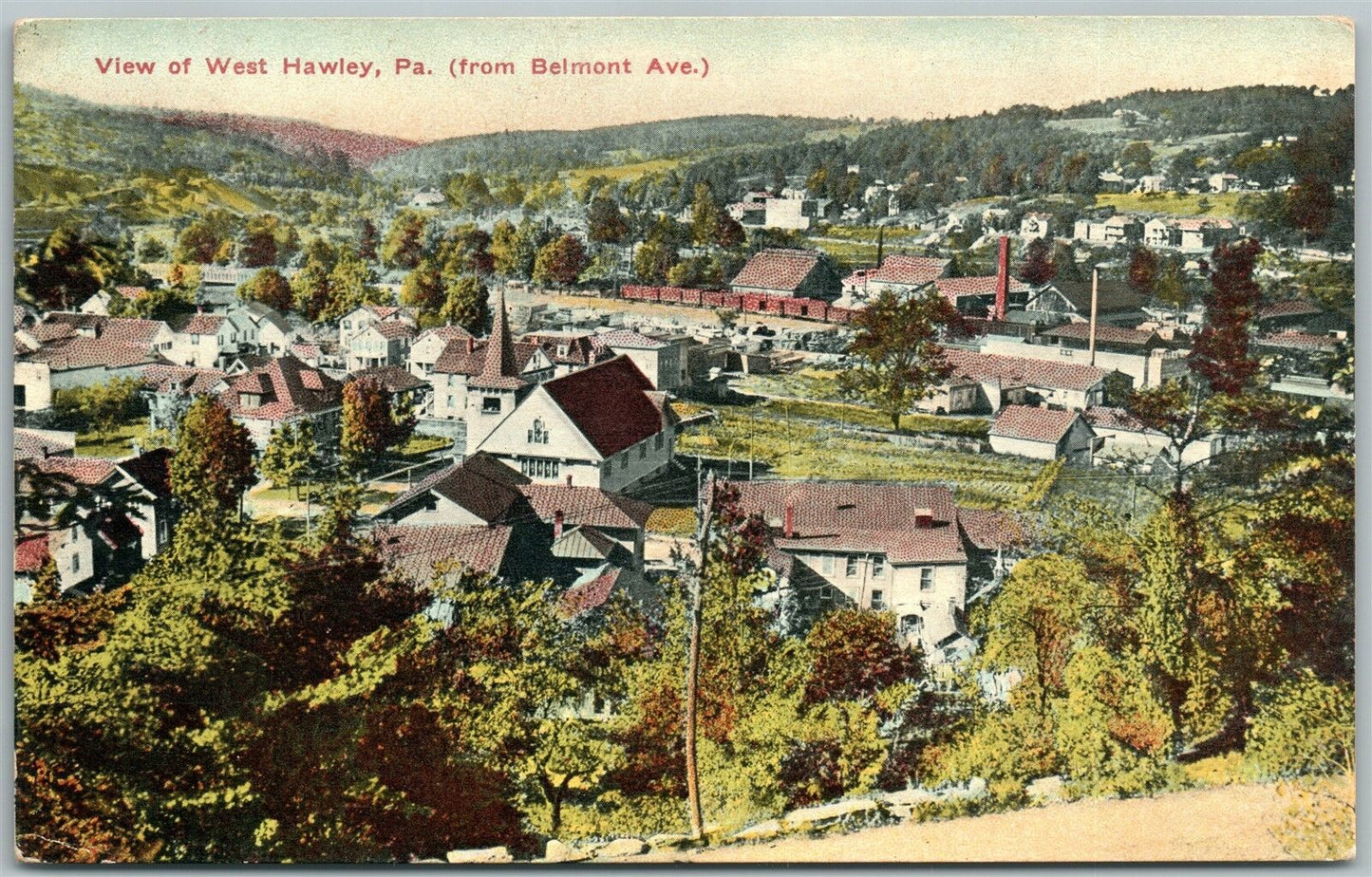 WEST HAWLEY PA BIRD'S EYE VIEW from BELMONT AVE. ANTIQUE POSTCARD