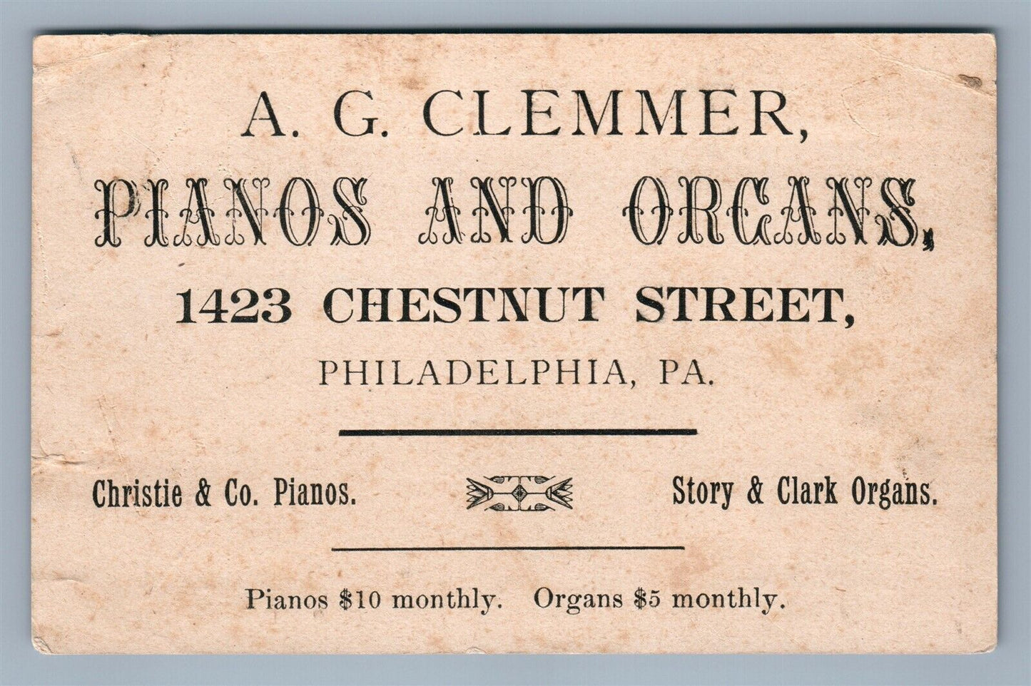 PHILADELPHIA PA ANTIQUE VICTORIAN TRADE CARD CLEMMER'S PIANOS ADVERTISING