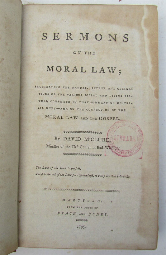 1795 SERMONS on MORAL LAW by DAVID MccLURE antique HARTFOD AMERICANA