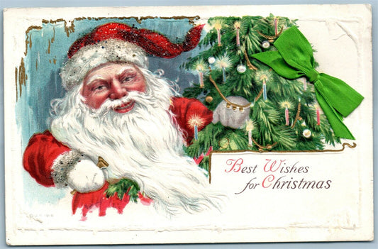 SANTA w/ CHRISTMAS TREE ANTIQUE EMBOSSED POSTCARD