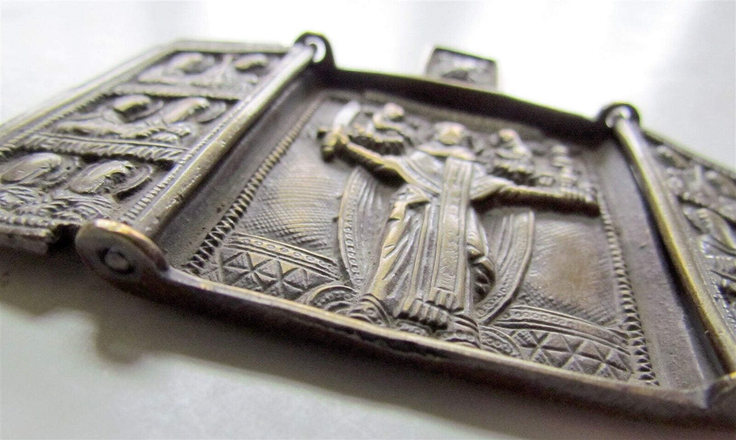 RUSSIAN travelers icon TRIPTYCH of ST.NICHOLAS BRONZE ANTIQUE 18th century