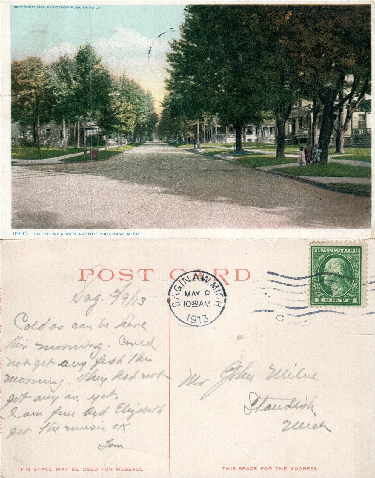 SAGINAW MI SOUTH WEADOCK AVENUE 1913 ANTIQUE POSTCARD