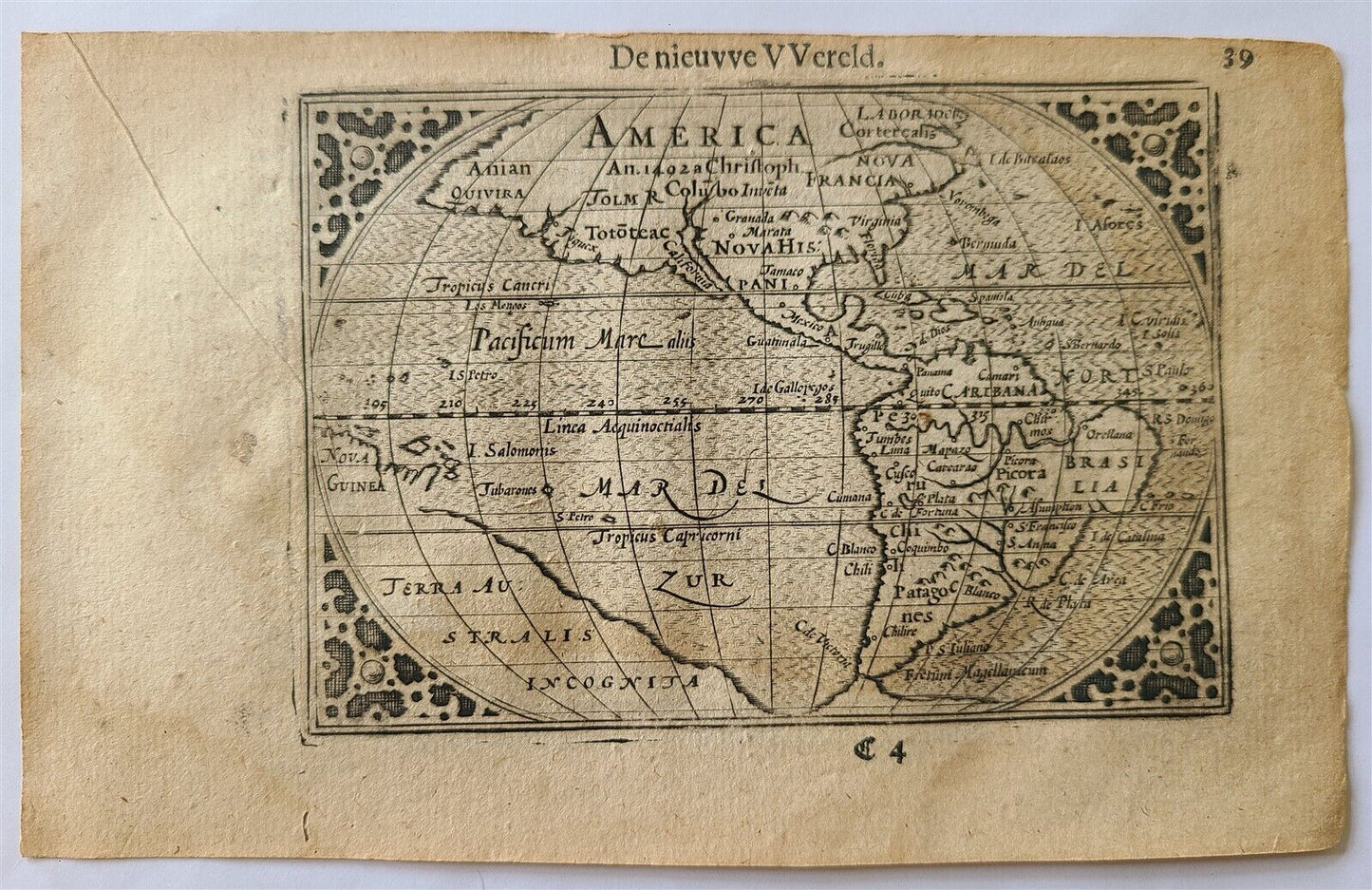 1609 AMERICA ANTIQUE MAP small size: 3 1/2 by 4 3/4" ORIGINAL