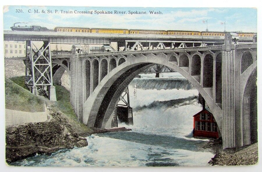 VINTAGE POSTCARD C.M. & St. P TRAIN SPOKANE RIVER, WASHI train RAILWAY railroad