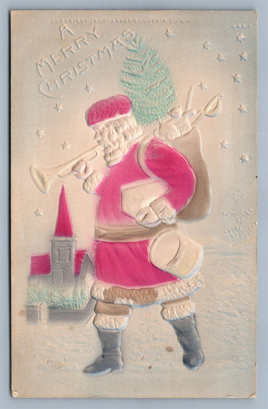 SANTA w/ CHRISTMAS TREE TRUMPET & DRUM EMBOSSED ANTIQUE POSTCARD