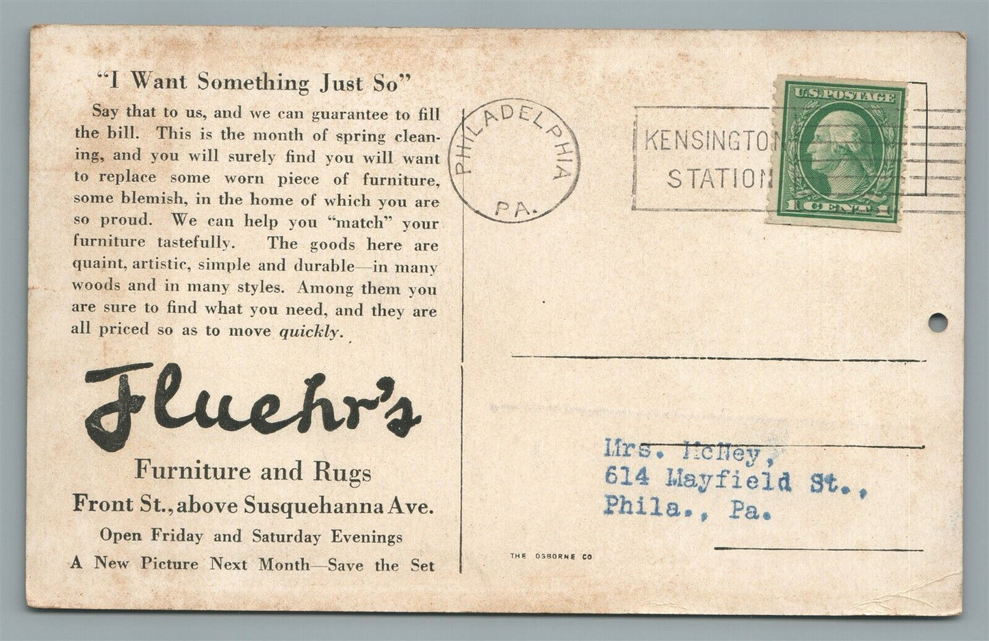 PHILADELPHIA PA FLUEHR'S FURNITURE STORE ADVERTISING ANTIQUE POSTCARD TRUE LOVE