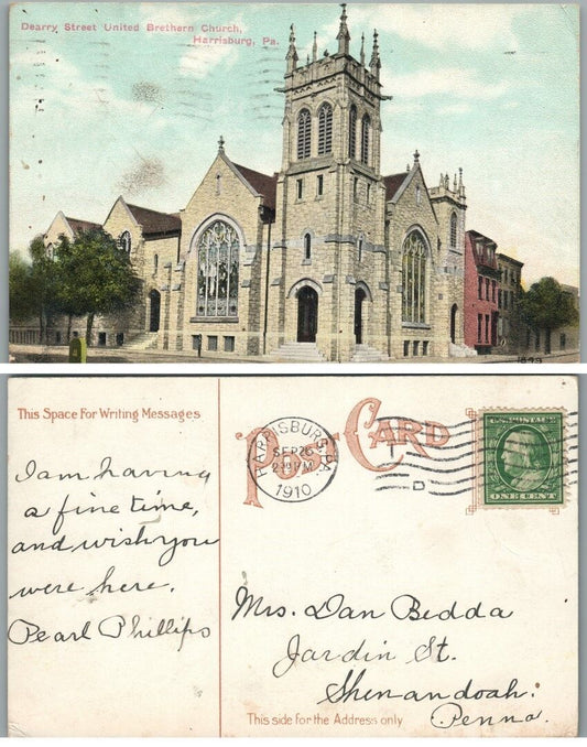 DEARRY STREET UNITED BRETHERN CHURCH HARRISBURG PA 1910 ANTIQUE POSTCARD