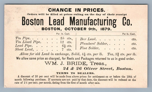 BOSTON MA LEAD MANUFACTURING ADVERTISING 1879 UNDIVIDED ANTIQUE POSTCARD