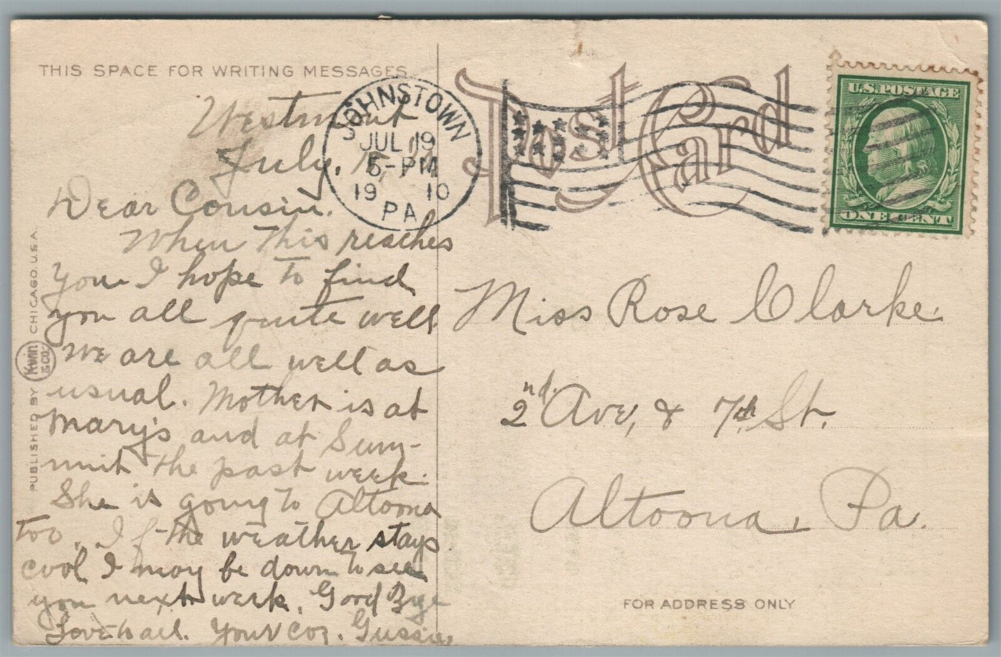 JOHNSTOWN PA BANKERS BLOCK MAIN & FRANKLIN STREETS ANTIQUE POSTCARD