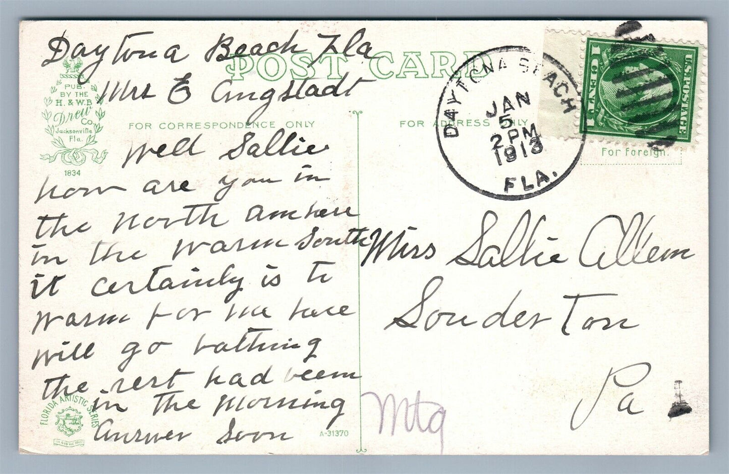 DAYTONA FL HALIFAX RIVER ANTIQUE POSTCARD w/ CORK CANCEL