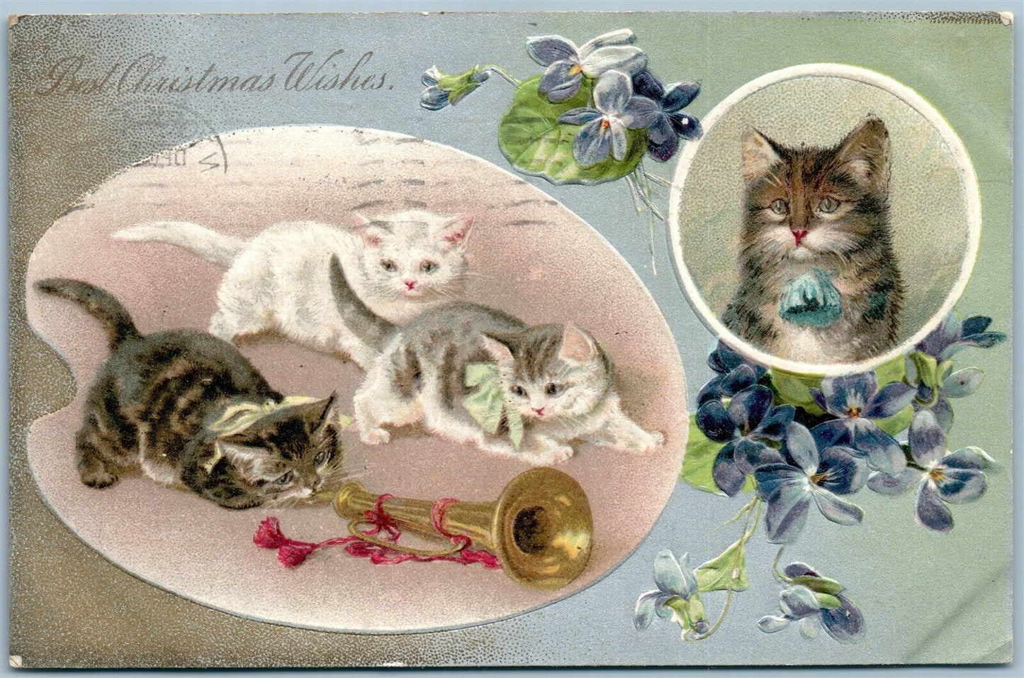 CATS PLAY with HORN ANTIQUE POSTCARD