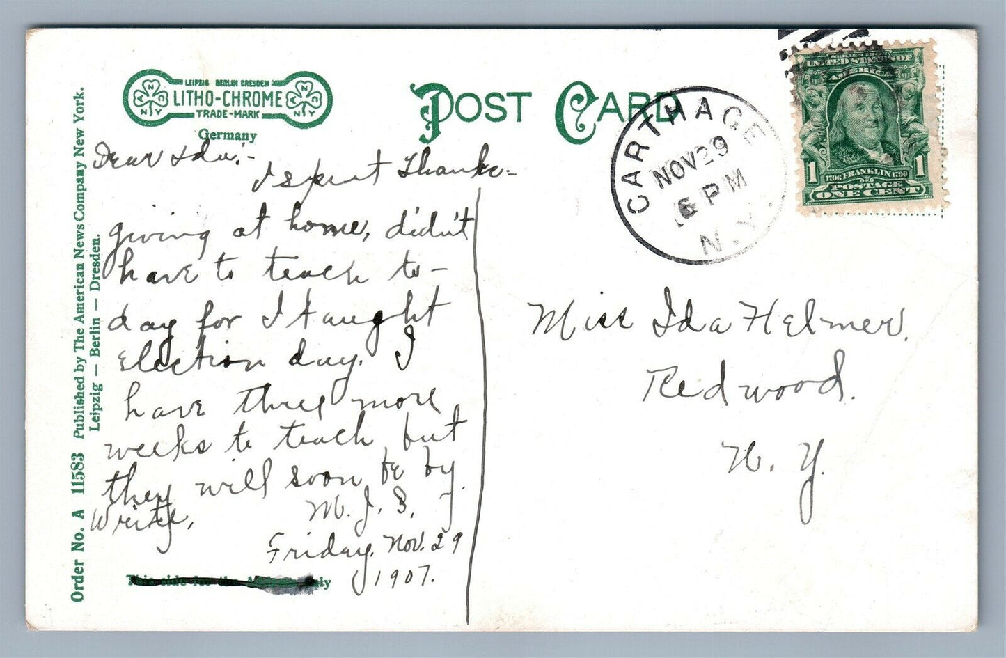 CARTHAGE NY STATE STREET 1907 ANTIQUE POSTCARD