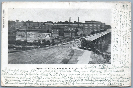 FULTON NY WOOLEN MILLS UNDIVIDED 1906 ANTIQUE POSTCARD w/ CORK CANCEL
