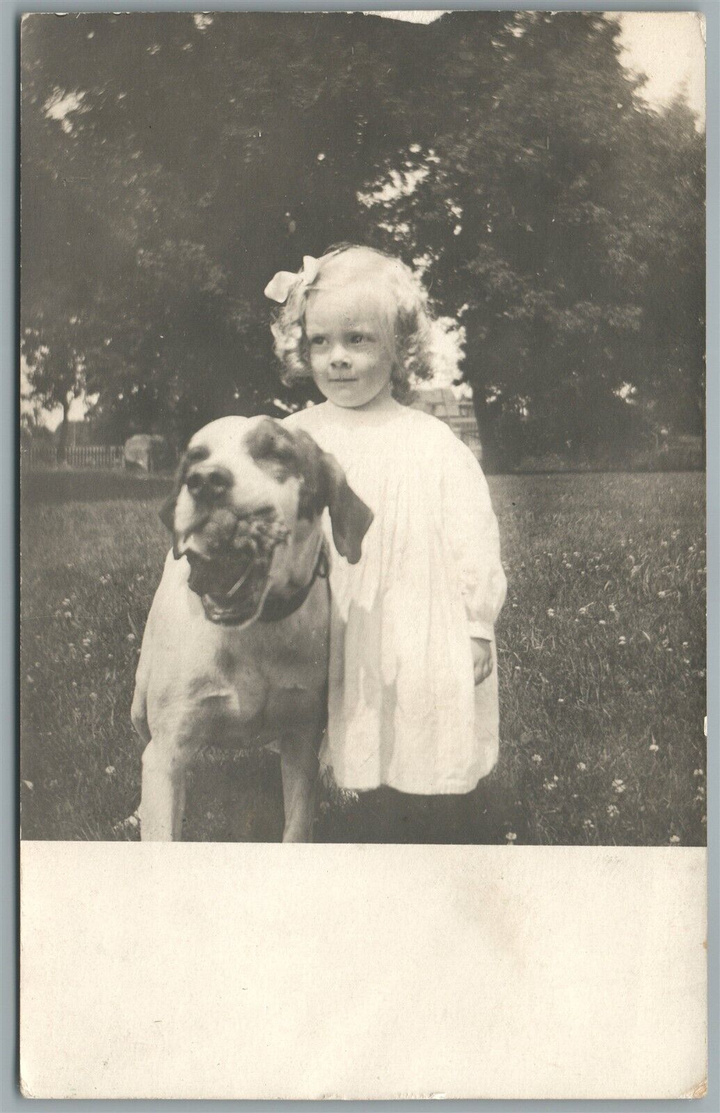 LITTLE GIRL w/ AGRESSIVE DOG ANTIQUE REAL PHOTO POSTCARD RPPC