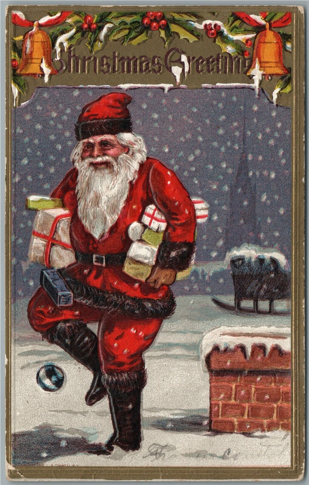 CHRISTMAS GREETINGS SANTA 1916 ANTIQUE POSTCARD