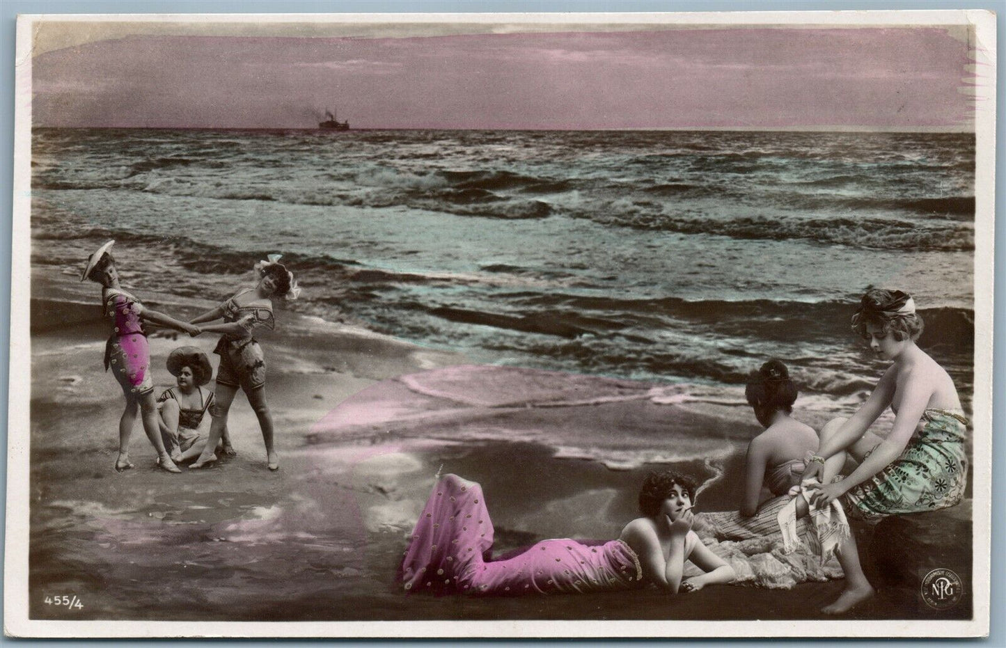 BATHING GIRLS ON BEACH PHOTOMONTAGE FANTASY ANTIQUE REAL PHOTO POSTCARD RPPC