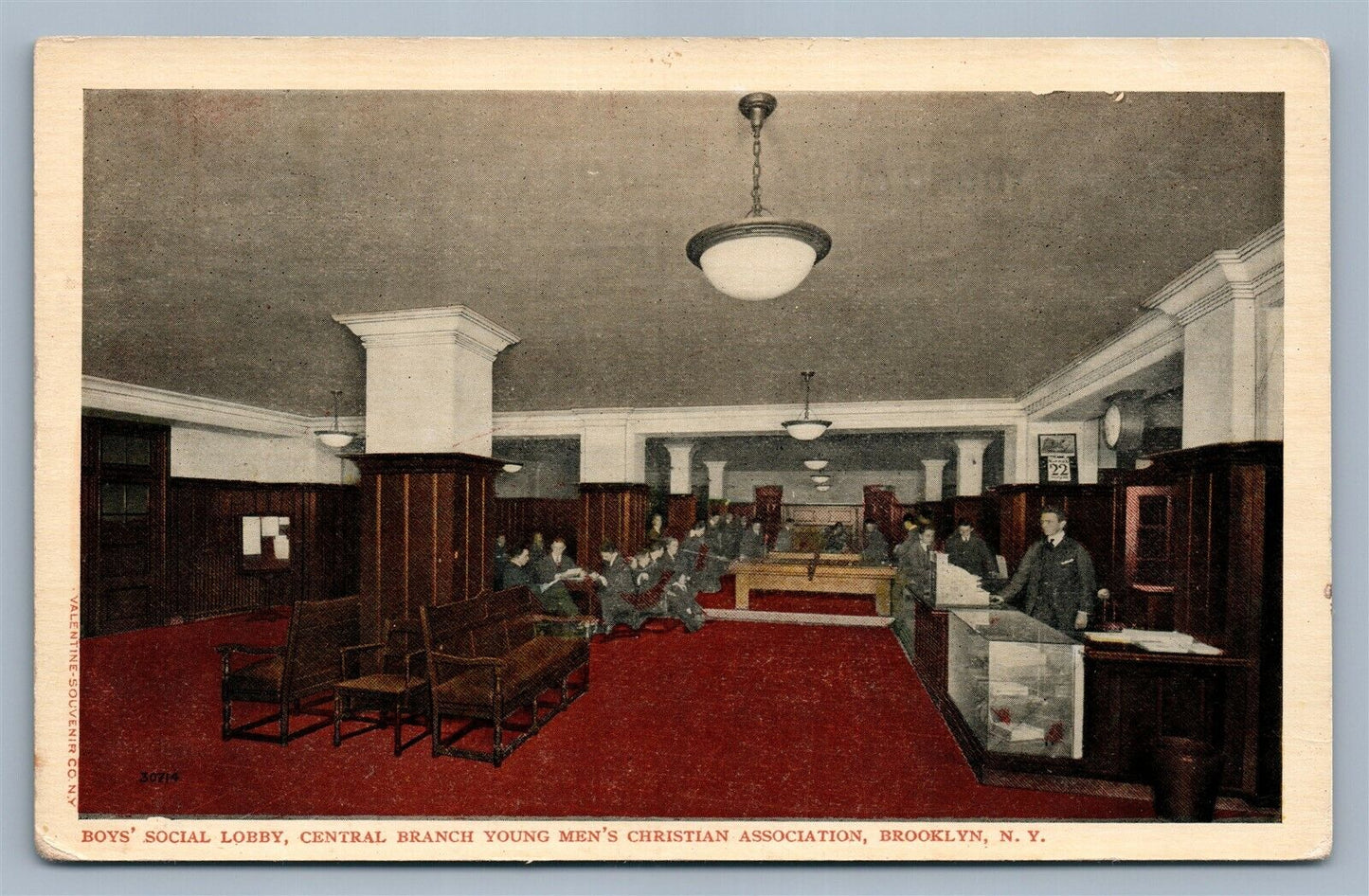 BROOKLYN NY YOUNG MEN'S CHRISTIAN ASSOCIATION SOCIAL LOBBY ANTIQUE POSTCARD