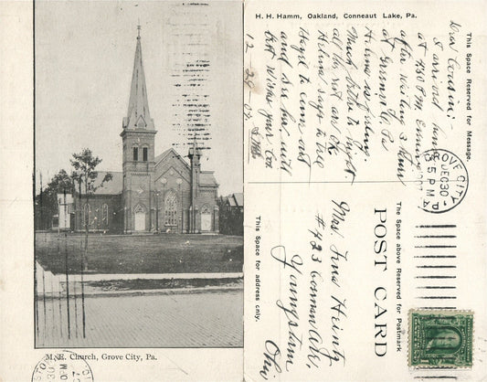 GROVE CITY PA M.E. CHURCH 1910 ANTIQUE POSTCARD