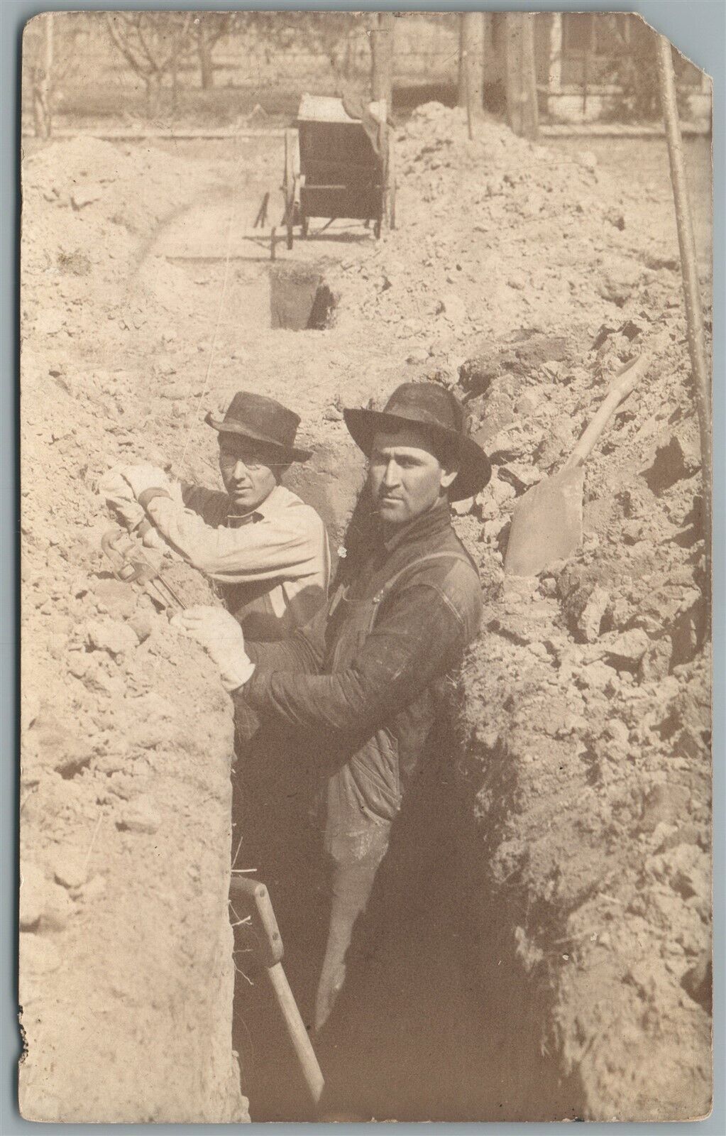 DIGGERS PLUMBERS AT WORK ANTIQUE REAL PHOTO POSTCARD RPPC