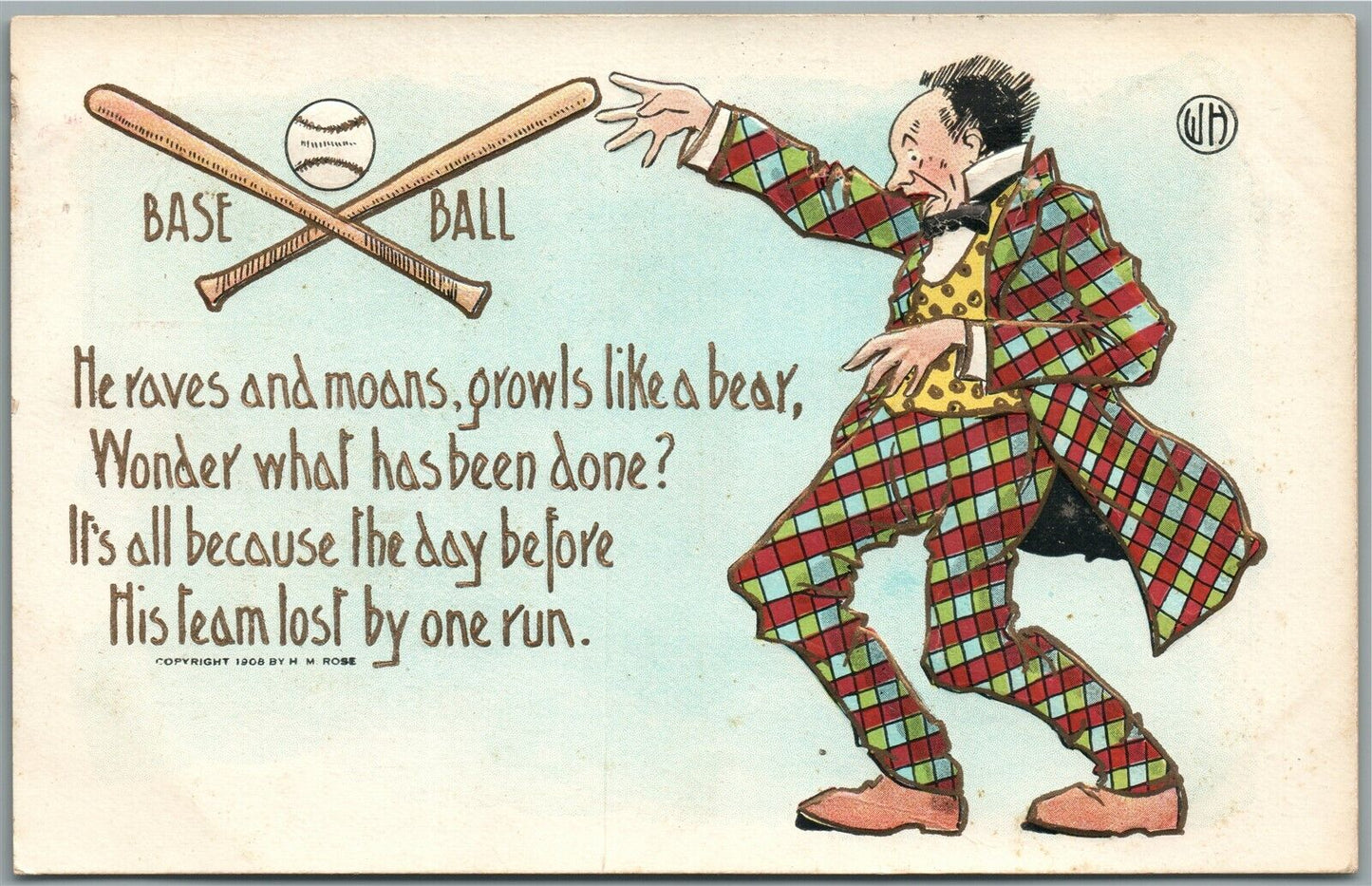 BASEBALL COMIC ANTIQUE POSTCARD by H.M.ROSE