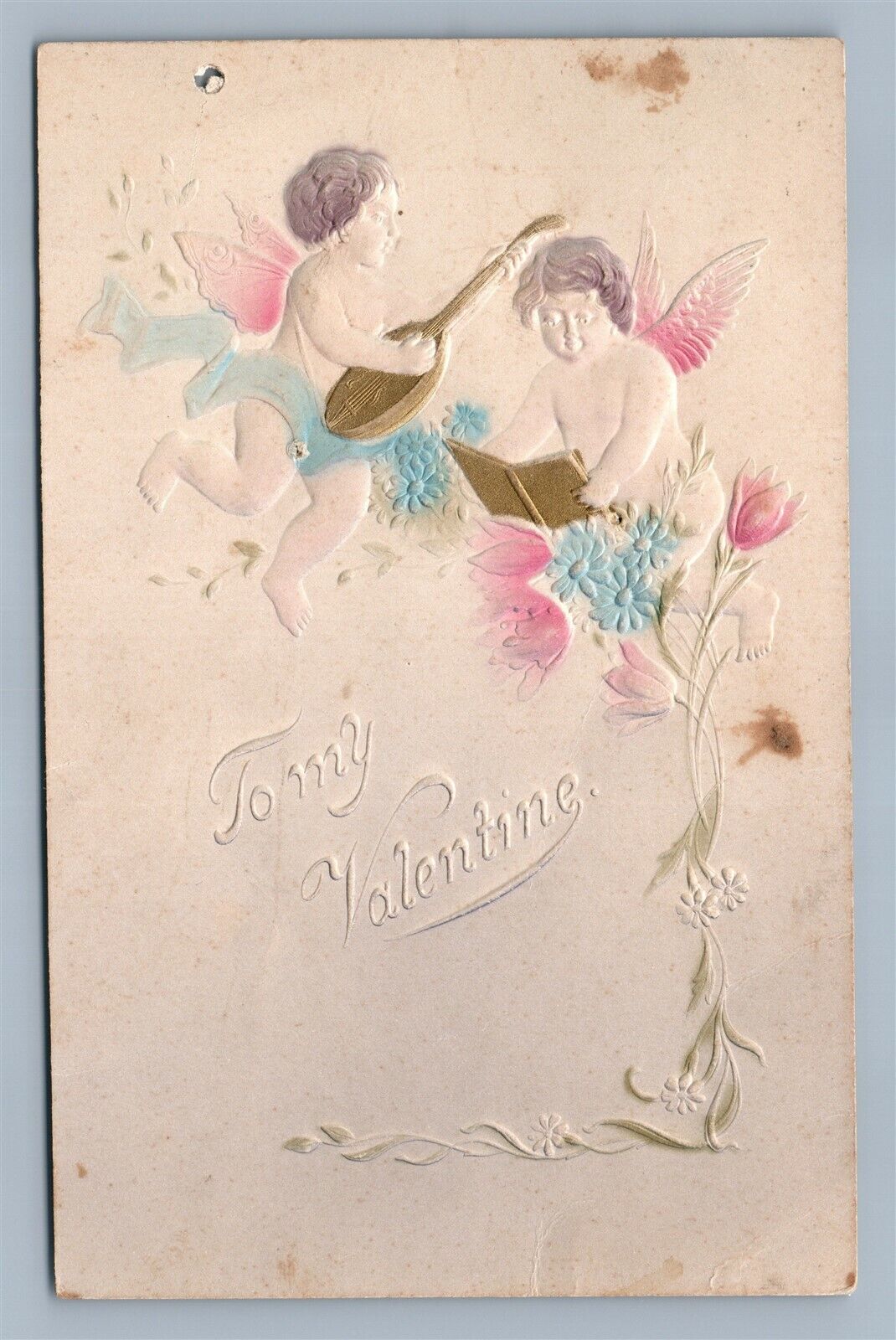 TO MY VALENTINE EMBOSSED ANTIQUE POSTCARD CUPIDS w/ BANJO & BOOK