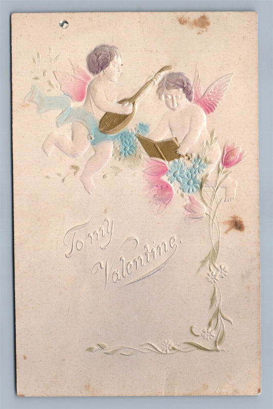 TO MY VALENTINE EMBOSSED ANTIQUE POSTCARD CUPIDS w/ BANJO & BOOK