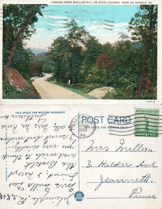 MUELLER HILL ON STATE HIGHWAY ZELIENOPLE PA 1943 VINTAGE POSTCARD