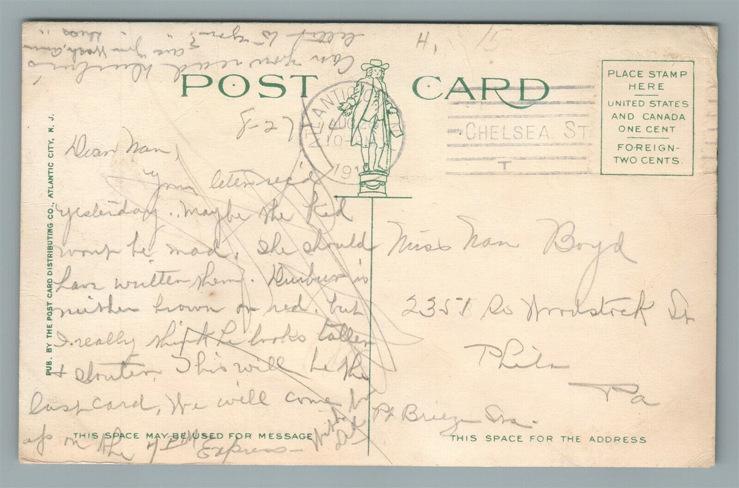 ATLANTIC CITY NJ VIRGINIA AVE. ANTIQUE POSTCARD