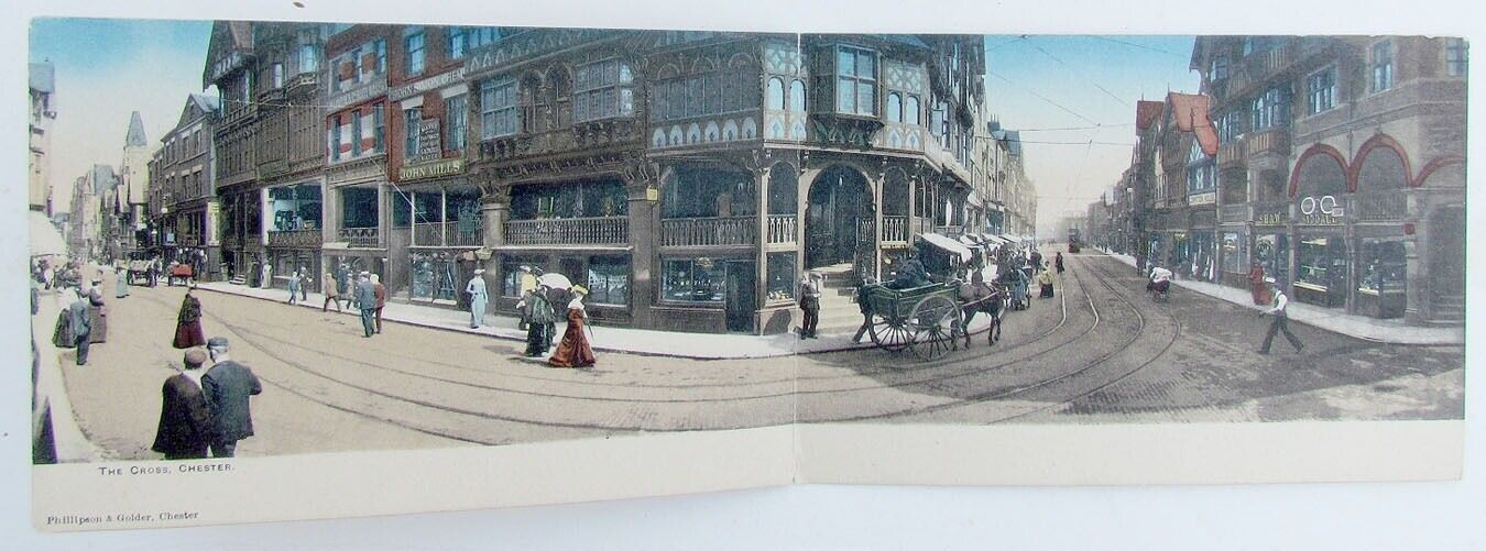 BRITISH PANORAMIC ANTIQUE DOUBLE POSTCARD THE CROSS CHESTER UK railroad tracks