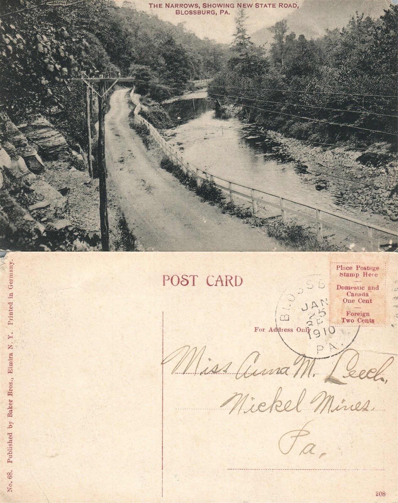 BLOSSBURG PA NEW STATE ROAD 1910 ANTIQUE POSTCARD