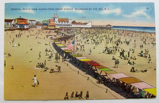 VINTAGE 1938 POSTCARD GENERAL BEACH VIEW FROM CEDAR AVENUE WILDWOOD NJ