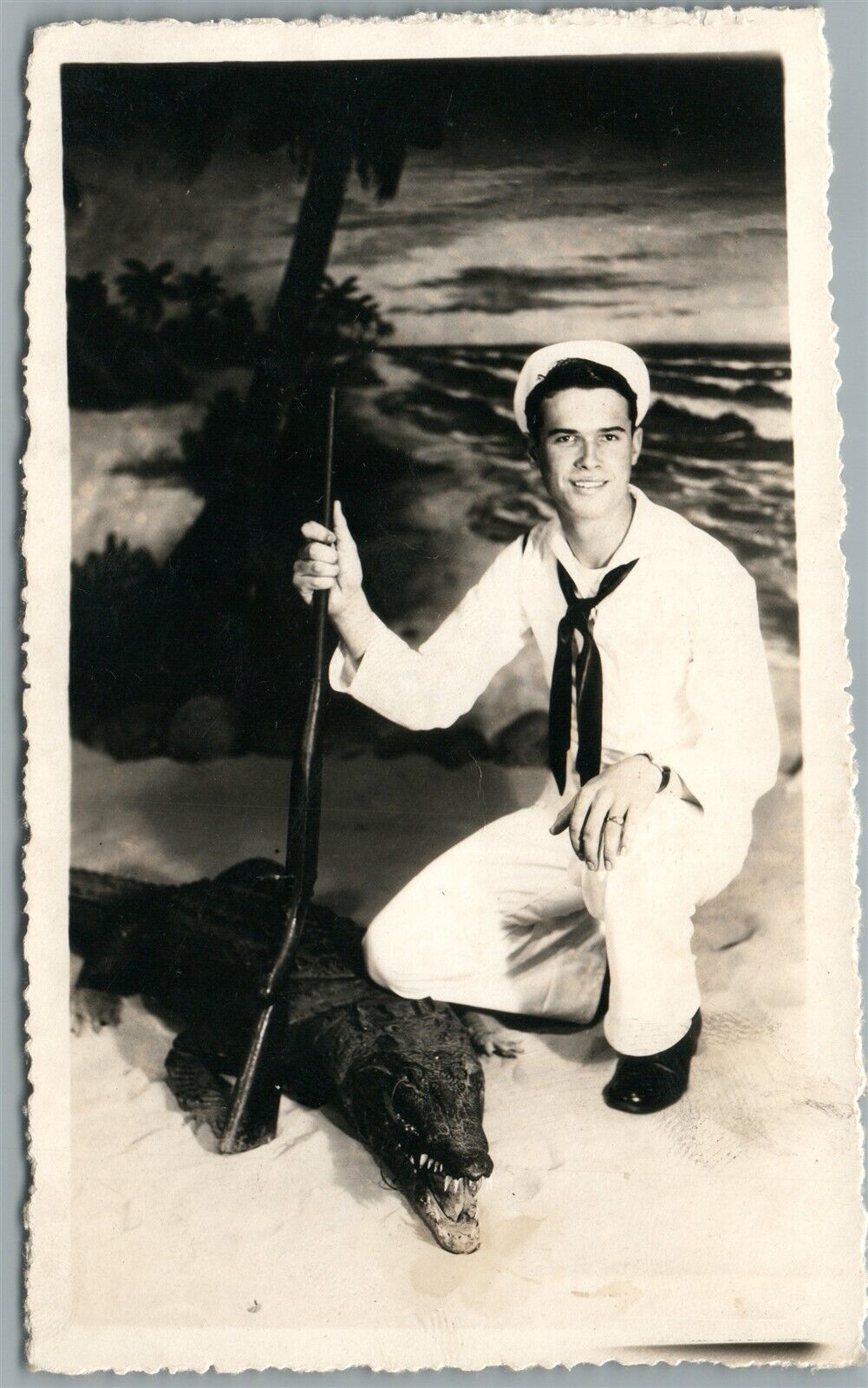 US NAVY SAILOR w/ RIFLE ANTIQUE REAL PHOTO POSTCARD RPPC