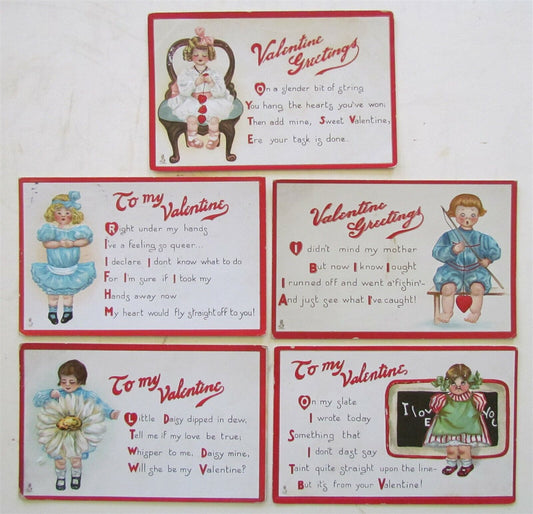 LOT of 5 VALENTINE ANTIQUE POSTCARDS w/ KIDS