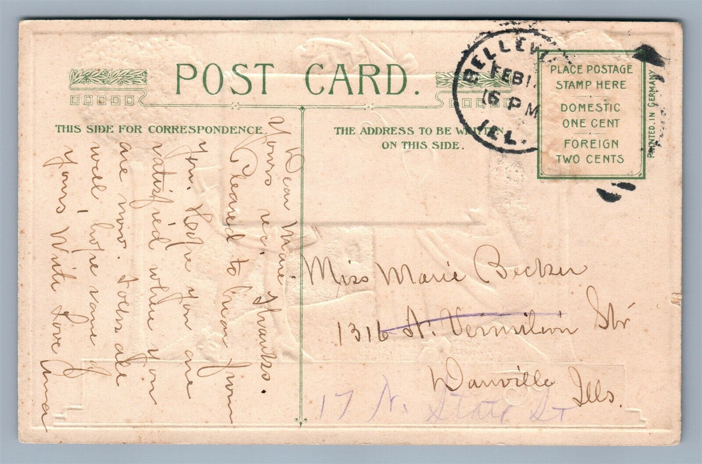 TO MY VALENTINE 1913 EMBOSSED ANTIQUE POSTCARD by JOHN WINSCH CORK CANCEL