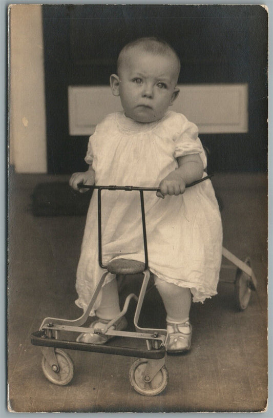 BABY GIRL w/ BICYCLE ANTIQUE REAL PHOTO POSTCARD RPPC