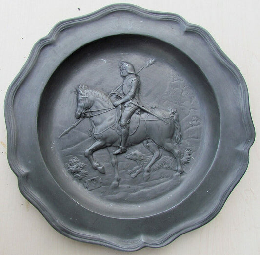 ANTIQUE PEWTER PLATE w/ ARMORED KNIGHT w/ DOG on HORSEBACK ALBECHT DURER DESIGN