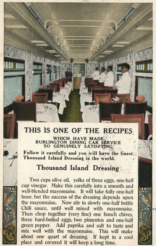 BURLINGTON ROUTE DINING CAR 1000 ISLAND DRESSING ADVERTISING ANTIQUE POSTCARD